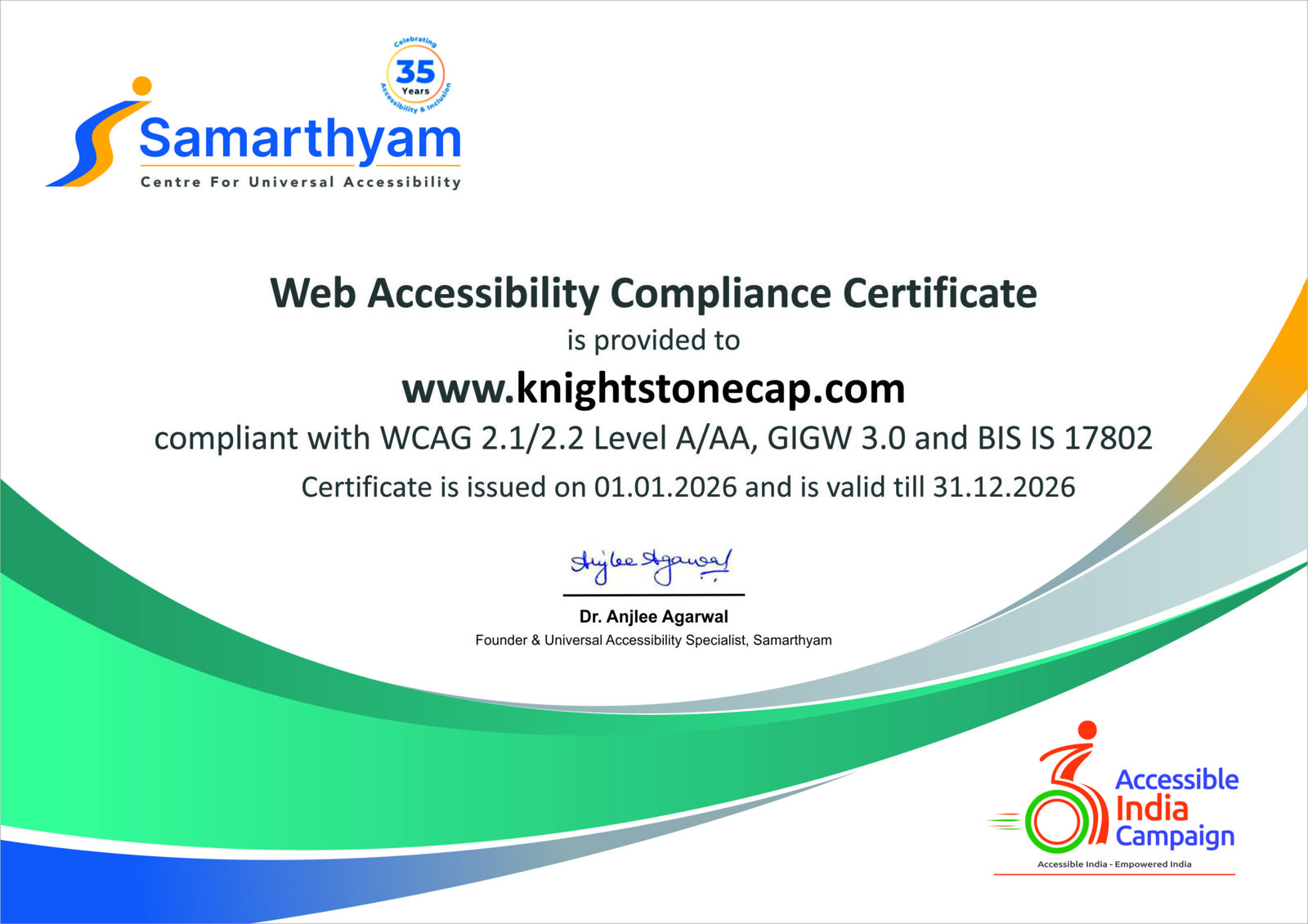 WCAG compliance certificate issued to Knightstone Capital, 2026